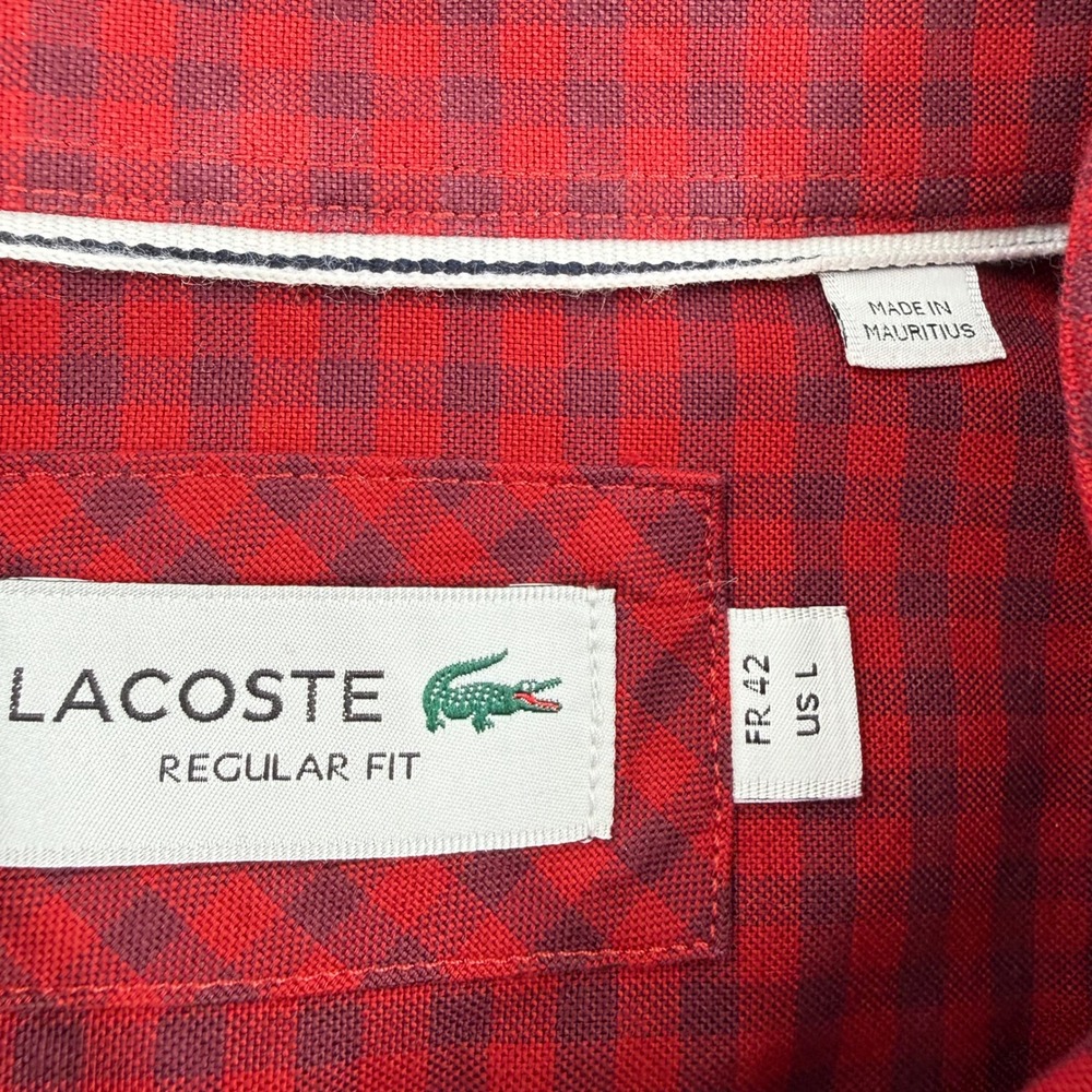 Lacoste Mens Large Regular Fit Gingham Button Down Shirt Red Navy Blue Preppy - Picture 8 of 13